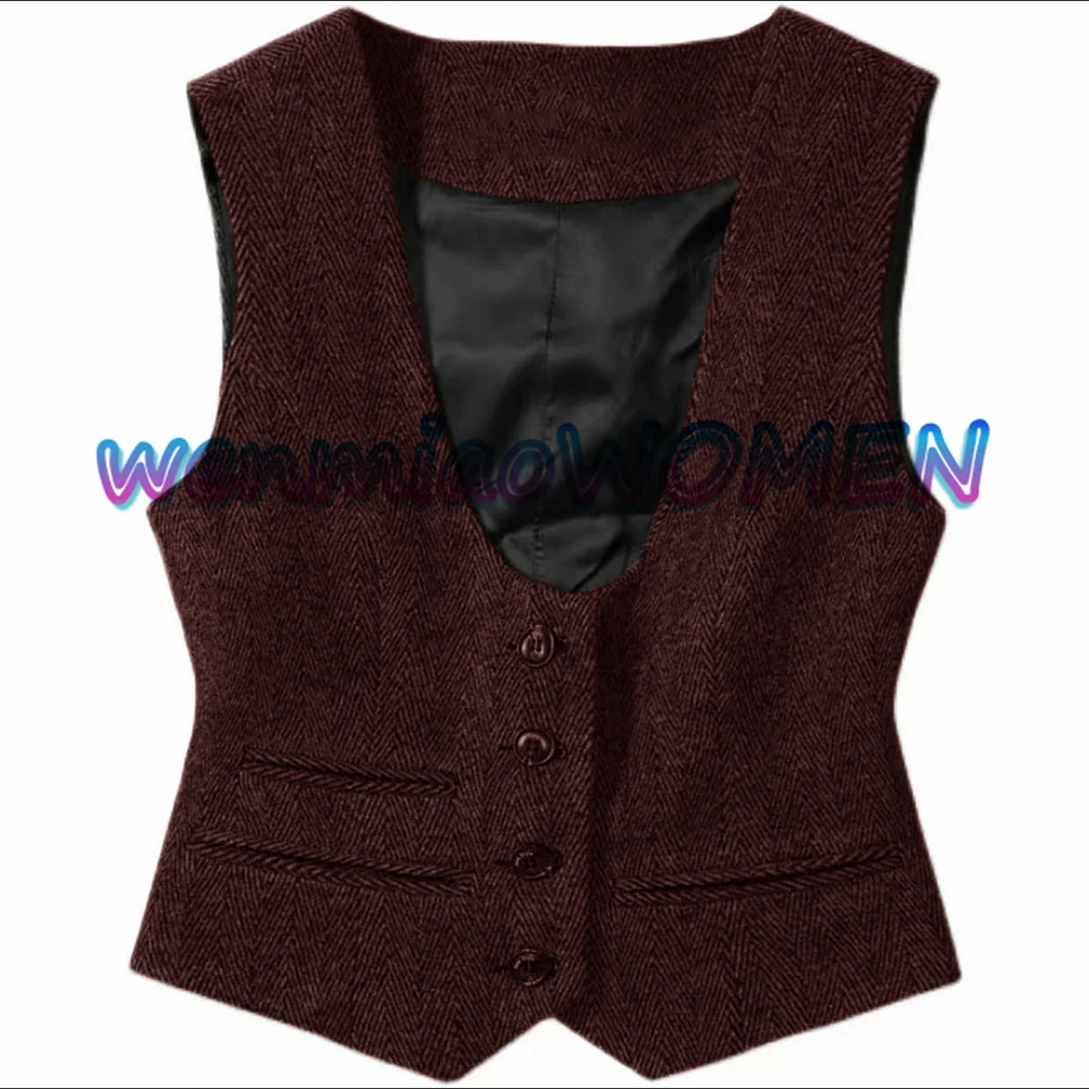 Women\'s Vintage Herringbone Vest, Slim Fit Sleeveless Jacket, Wool Waistcoat, Dark Grey Suit Vests for Lady, New, 2022