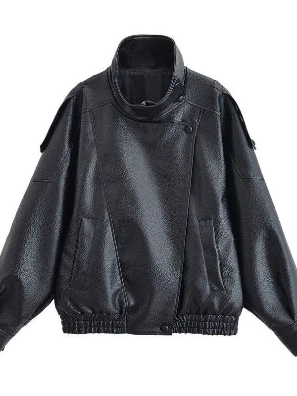 

Casual Loose Stand Collar Zipper Litchi Pattern Black Faux Leather Jacket Women's Coat Trendy New Style Leather Clothing