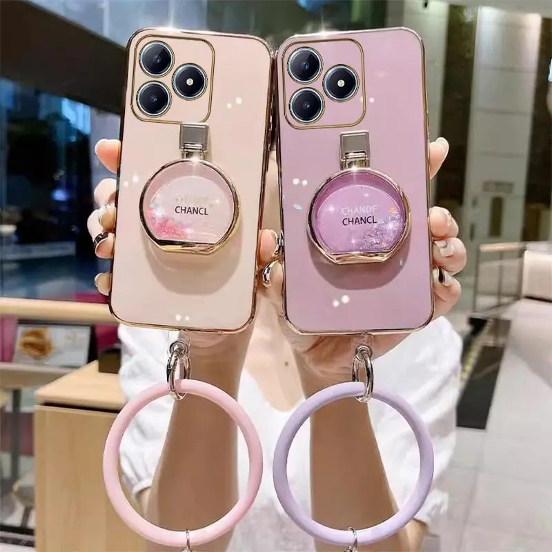 C63 Perfume Bottle Plating Phone Holder Case For Realme C63 C53 C51 C65 C55 C67 C61 Shatterproof Soft Back Cover
