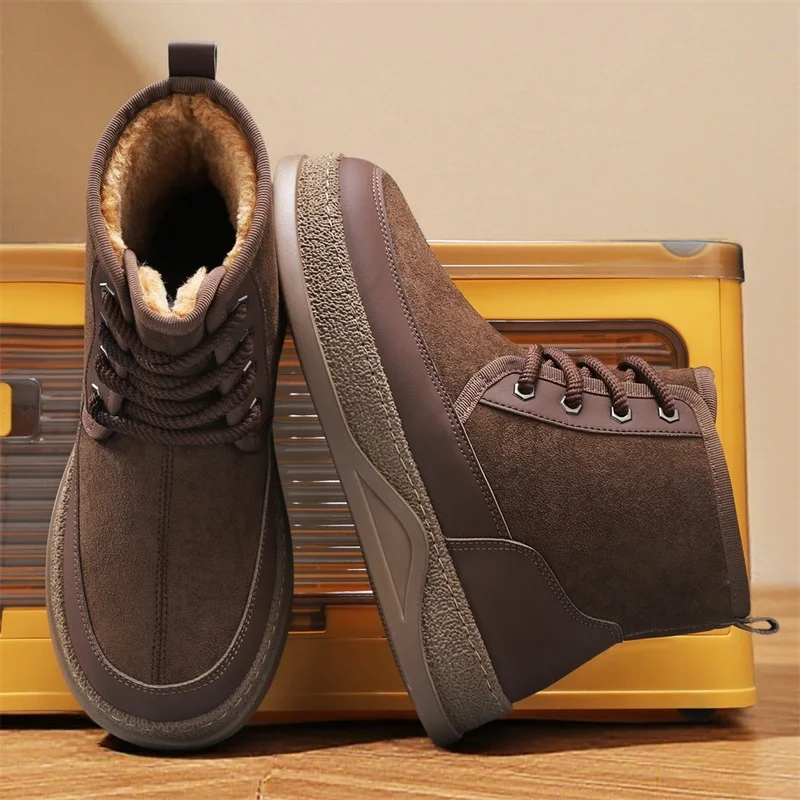 

High-top Men's Plus-size Flat Solid Color Retro Leather Lace-up Wear-resistant and Anti-slip Snow Boots for Autumn and Winter