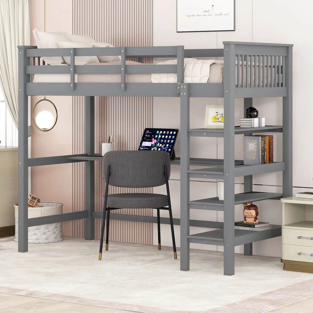 90x200 children's loft bed with practical shelves and desk underneath, color: gray