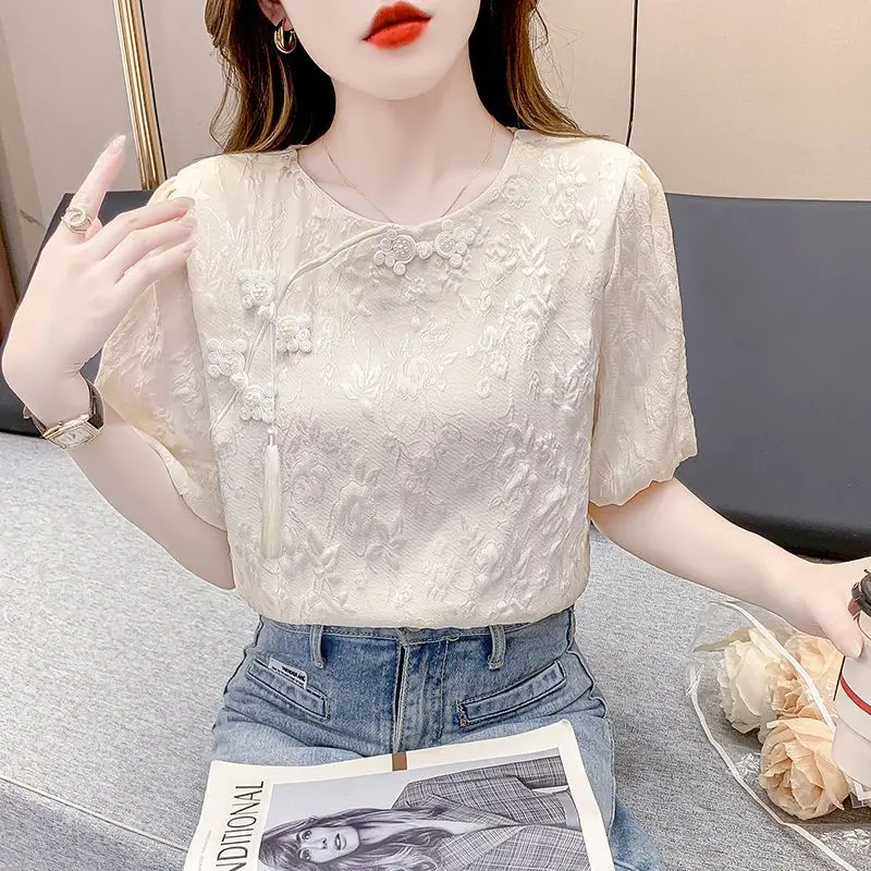 

Elegant Chinese Style Almond Short Sleeve Shirt with Bubble Top for Women
