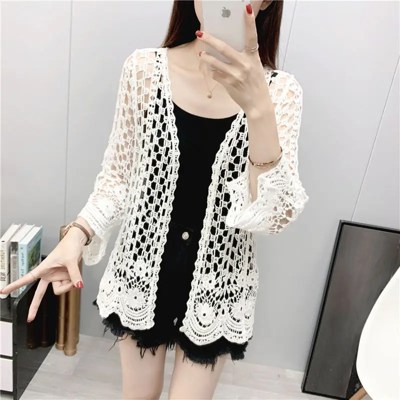 Spring New Beach Sunscreen Shirt Women\'s Pure Cotton Hollow Knitted Cardigan Versatile Western Style Coat