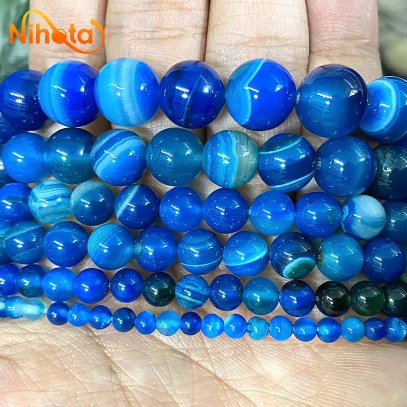 Natural Blue Stripes Agates Round Beads15\