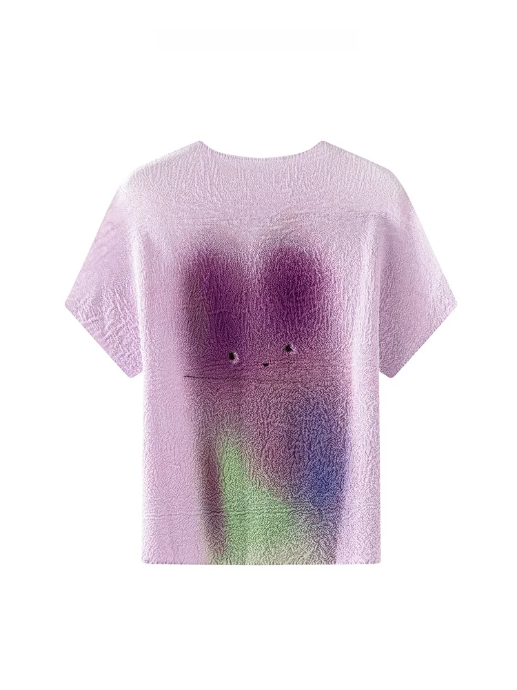 

Модная женская футболка с коротким рукавом и градиентным принтом, плиссированный топ для похудения, летняя новинка из полиэстера