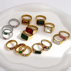 Freetry Fashion Inlaid Rhinestone Crystal Ring Exquisite Geometric Stainless Steel Waterproof Gold Plated Ring Jewelry Gift