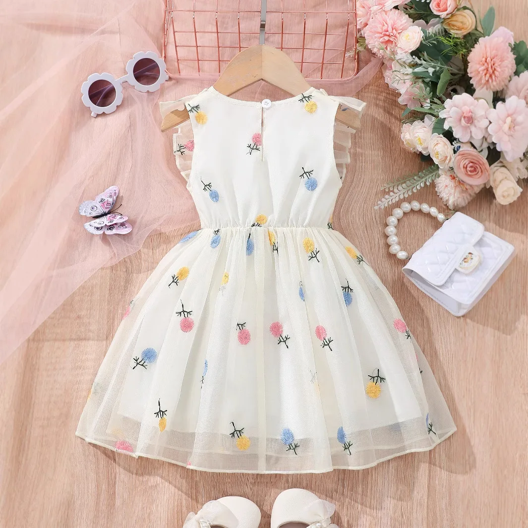 2026 Summer New Girls Countryside Style Flower Embroidery Ruffle Edge Mesh Dress Girls Cute Flower Princess Dress