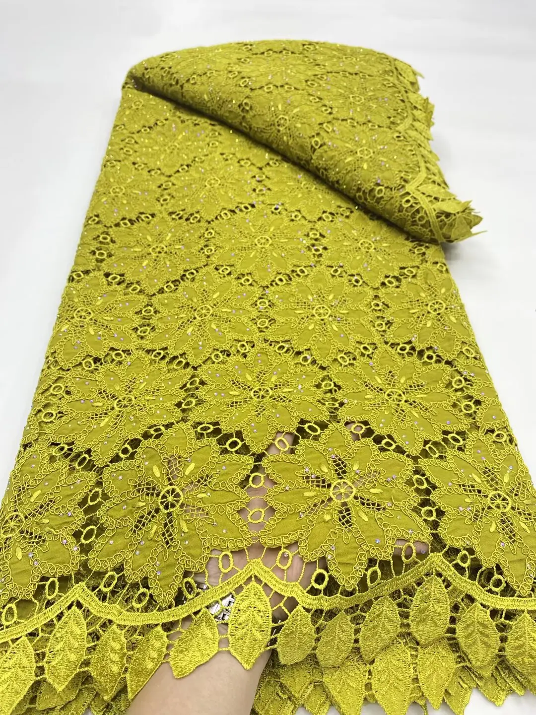 

(5yards/pc) High quality lemon green African party lace embroidered chiffon cord lace fabric with stone for dress WDP022