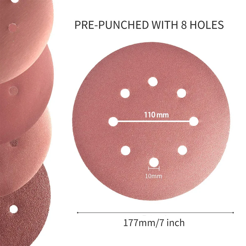 7 Inch 8 Hole Hook and Loop Sanding Disc 10Pcs  Assorted 40-320 Grit Flocking Sandpaper for Grinder Random Orbital Sander Paper