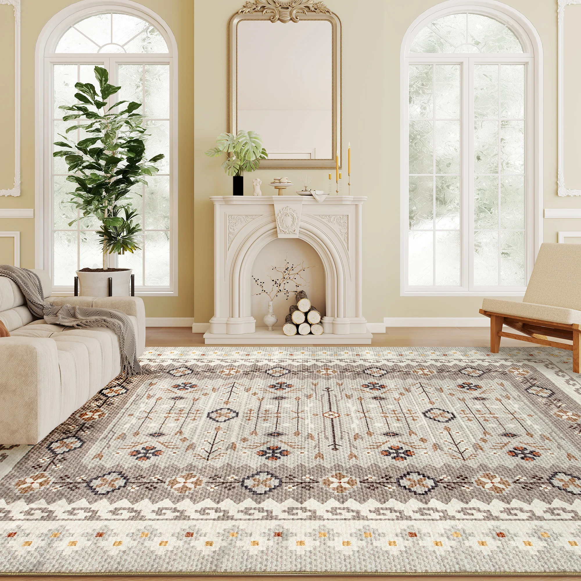 HOMCOM Machine Washable Area Rug, 4 x 6 Vintage Oriental Medallion Distressed Rugs for Living Room, Non-Slip Low Pile Boho Carpet for Bedroom Dining Room, Soft Printed Floor Mat, Brown