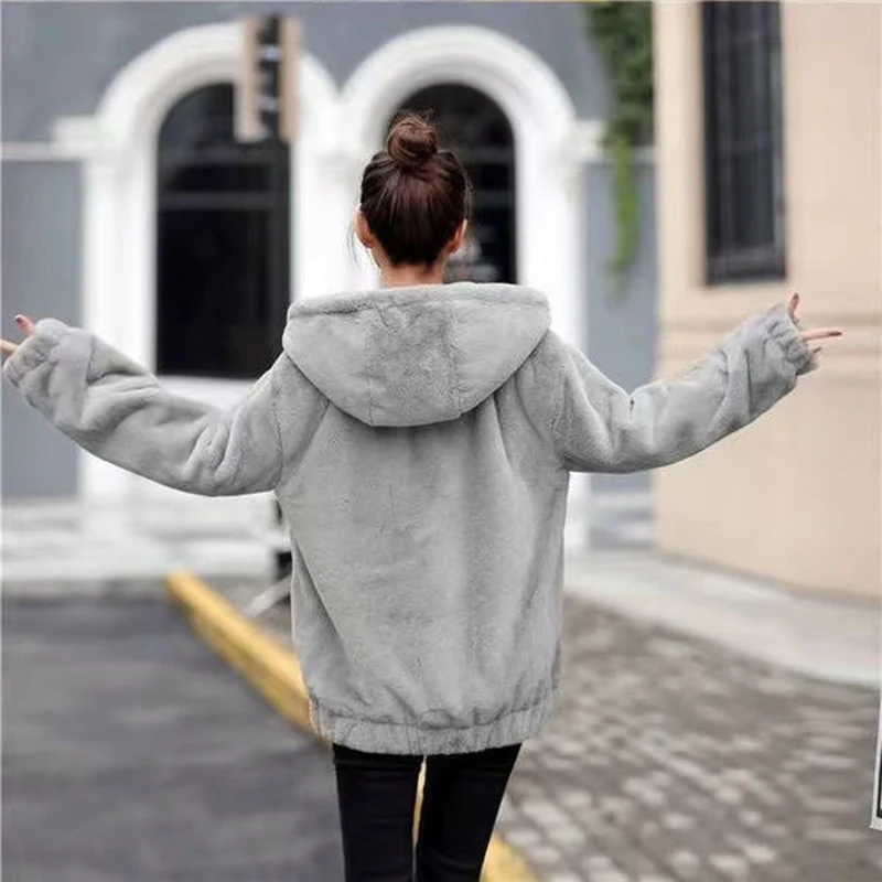 Winter Plus Velvet Warm Jacket Hooded Thicken Warm Korean Loose Faux Fur Coat Streetwear Long Sleeves Fashion Midi Outerwear