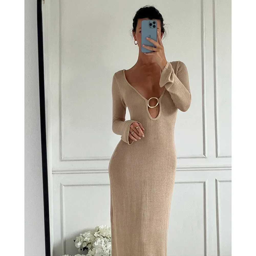 

Элегантное сексуальное платье макси с открытой спиной и расклешенными рукавами, женская мода, вязаная накидка с круглым вырезом, пляжная одежда, 2024, вечерние халаты для отпуска
