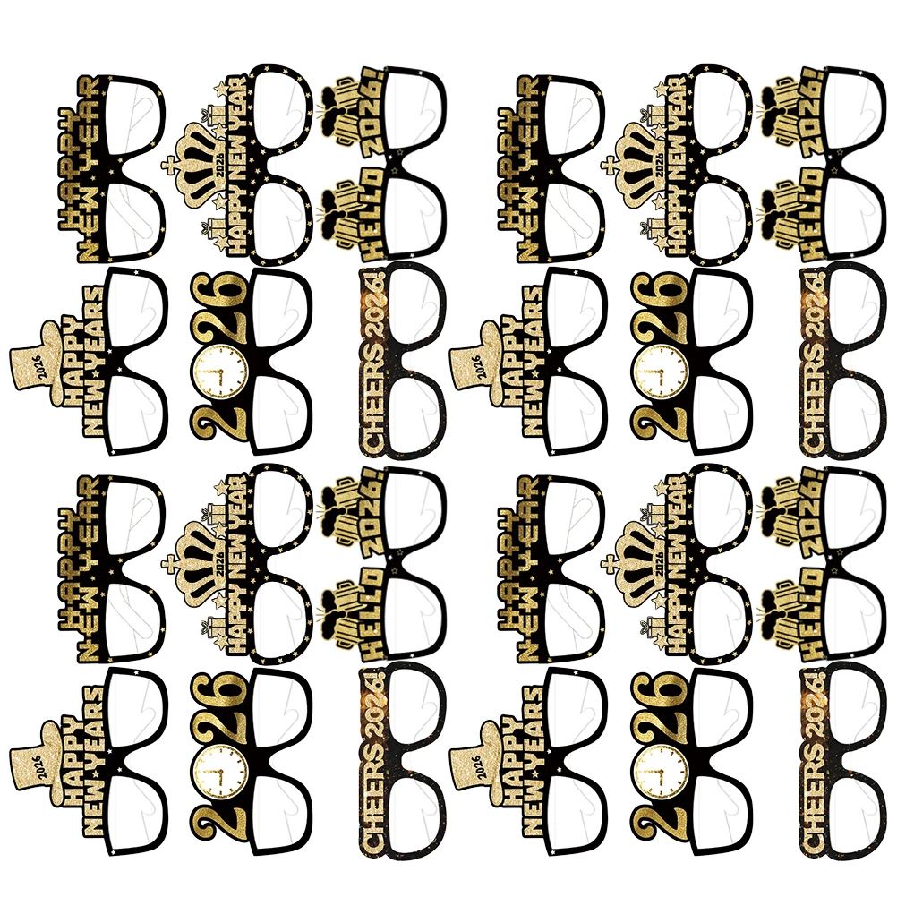 

24Pcs New Years Eve Accessories Glitter Paper Eyeglasses for Party Photos Graduation Christmas Celebration Decor