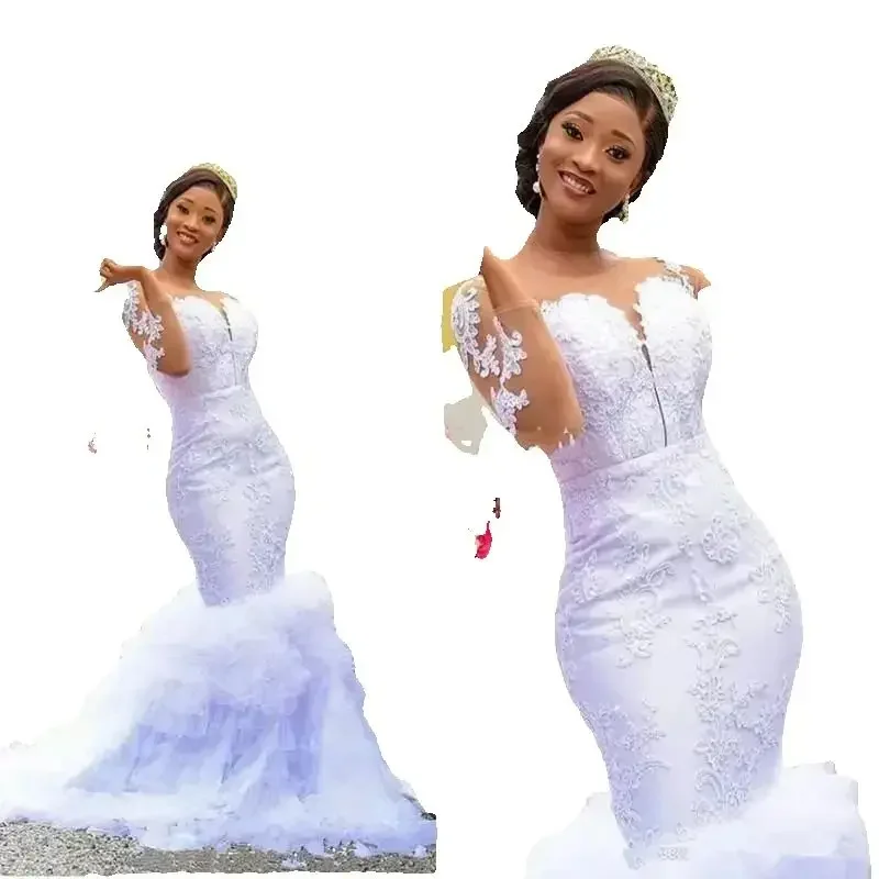 Angepasst Meerjungfrau Lange Ärmel Brautkleider Sweep Zug Afrikanische Plus Größe Spitze Applique Brautkleider Vestidos De Novia