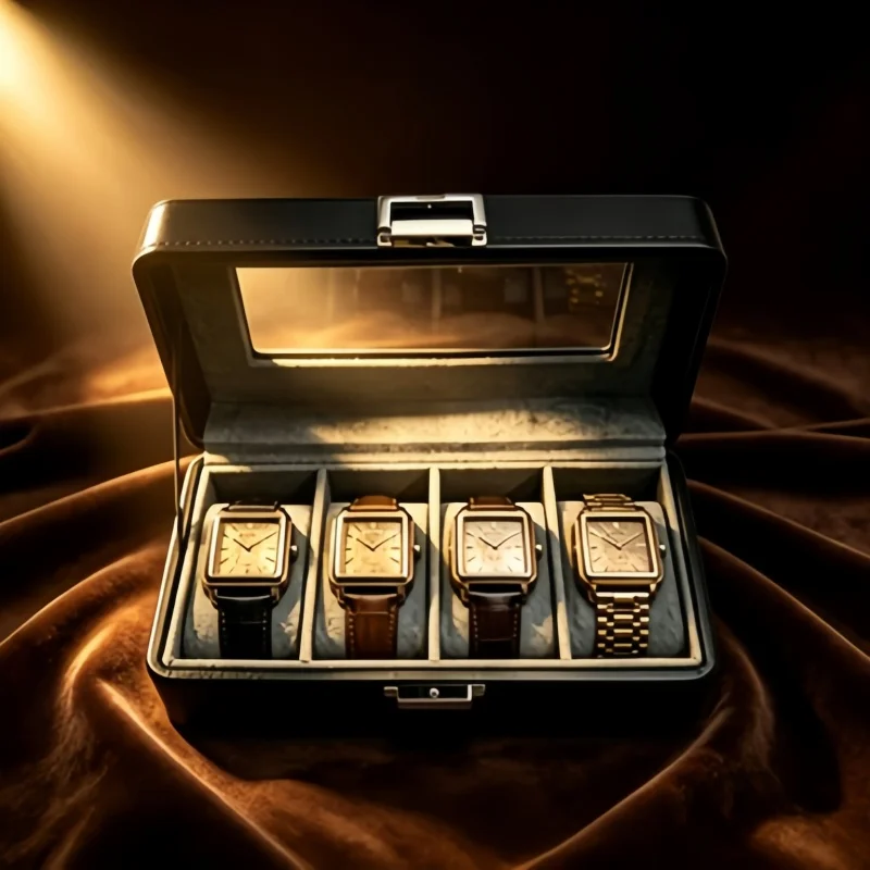 2Pcs Leather Watch Box Set, 4 Slot Lockable Watch Display + Spring Self-Closing Pouch for Men
