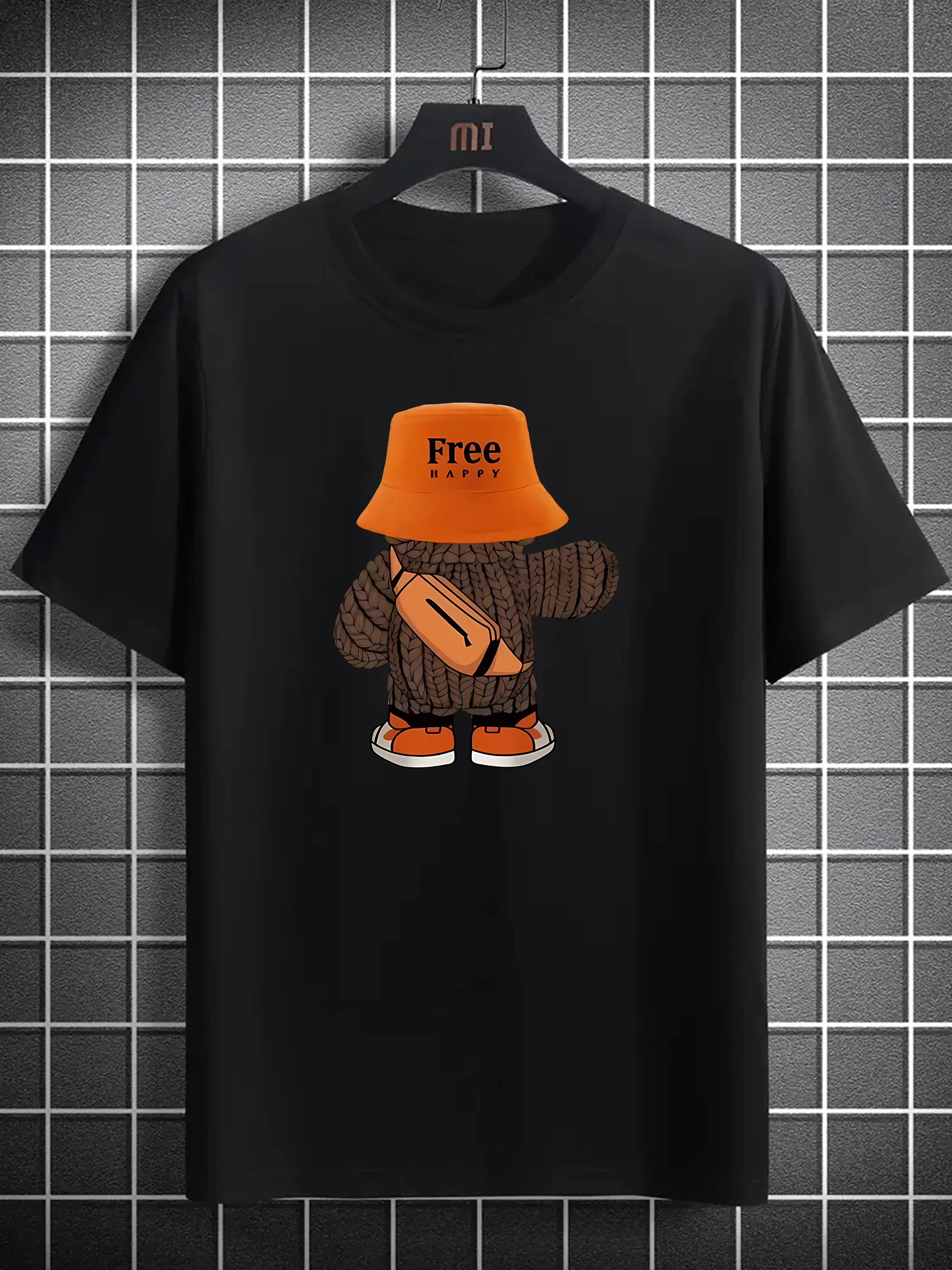 

Mens Playful Cartoon Bear Print T-Shirt Lightweight Breathable Polyester Casual Round Neck Short Sleeve Tee for Summer Fun