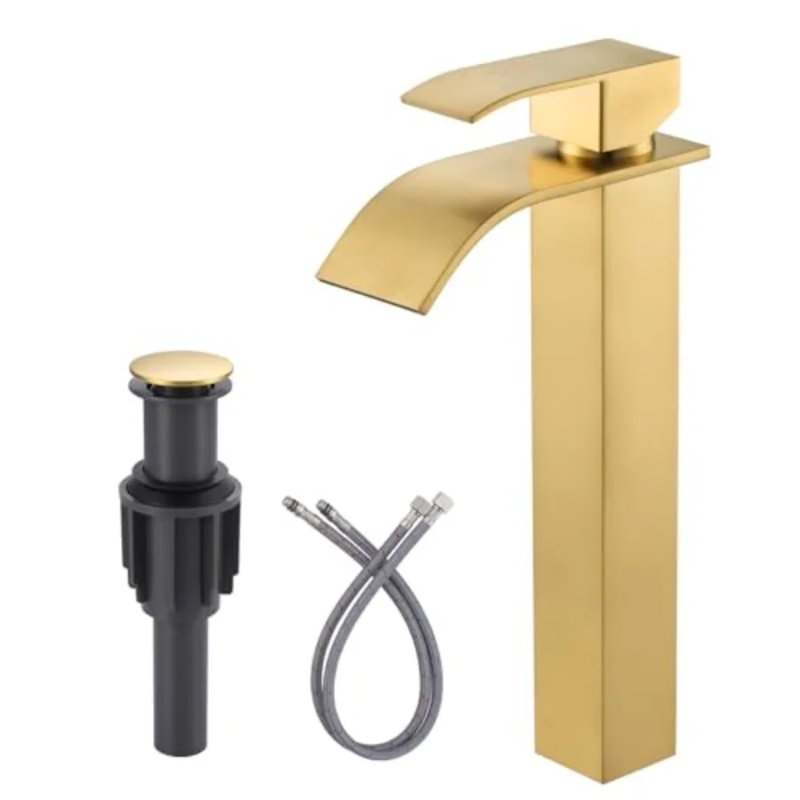 

Vessel Sink Faucet:Single Hole Bathroom Faucet, Single Handle Waterfall Bathroom Faucet with Pop Up Drain and cUPC Supply Lines