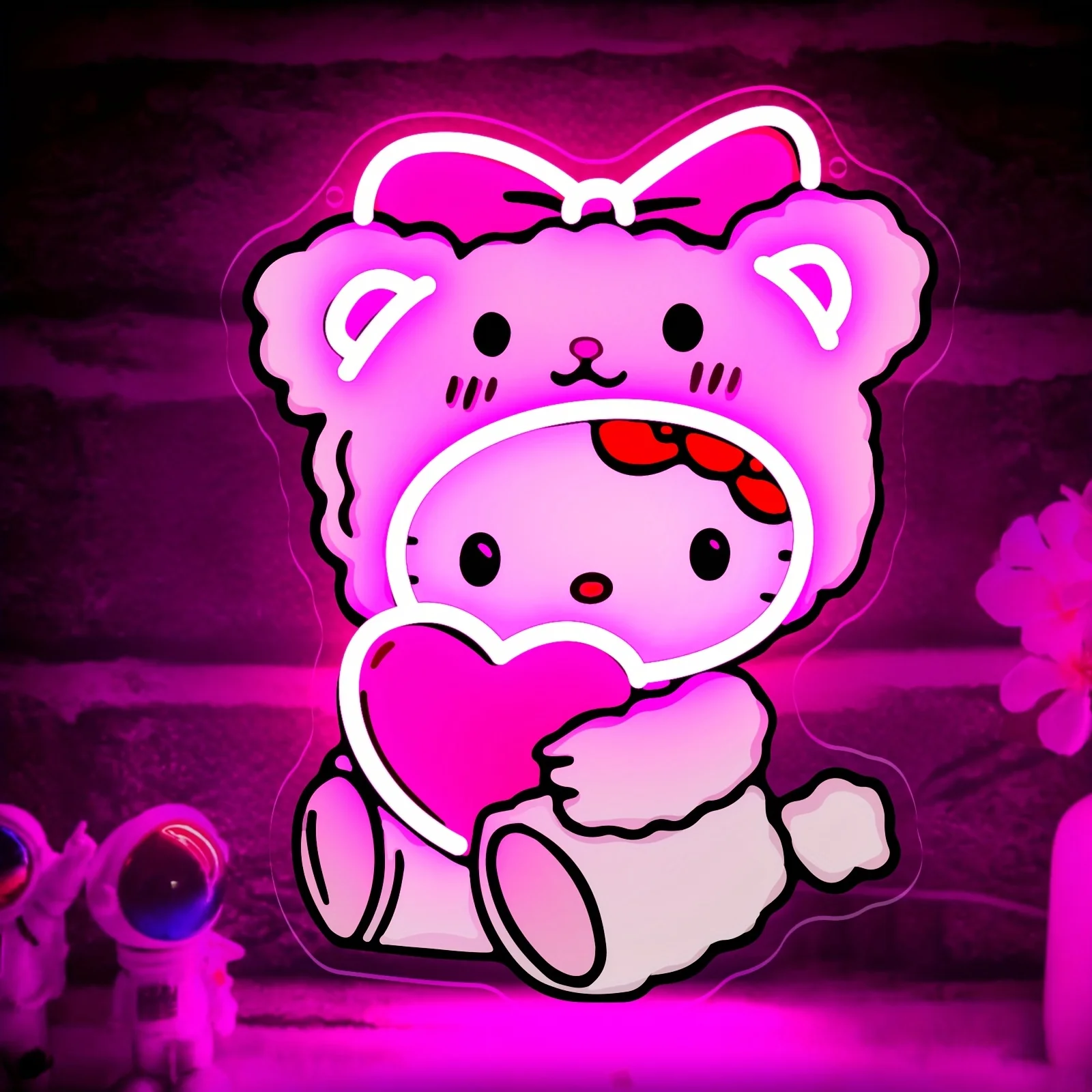 

Светодиодная неоновая вывеска Hello Kitty в костюме медведя с неоновой подсветкой в виде сердца для спальни, детской комнаты, декора детского сада, ночник, настенное искусство, подарок