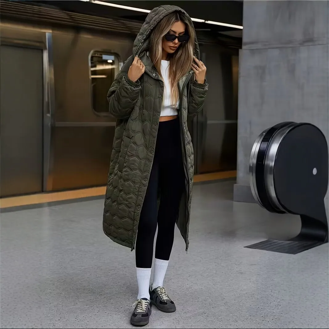 Quilted Hooded Coat Mid Length Casual with Japanese Korean Casual Long Sleeve Coats Regular Sleeve Thick for Women