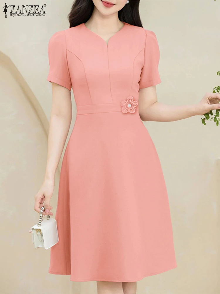 2025 우아한 V넥 반팔 오피스 드레스 ZANZEA 여성 여름 워크 OL 드레스 스타일리쉬 A라인 파티 미디 베스티도 여성 의류