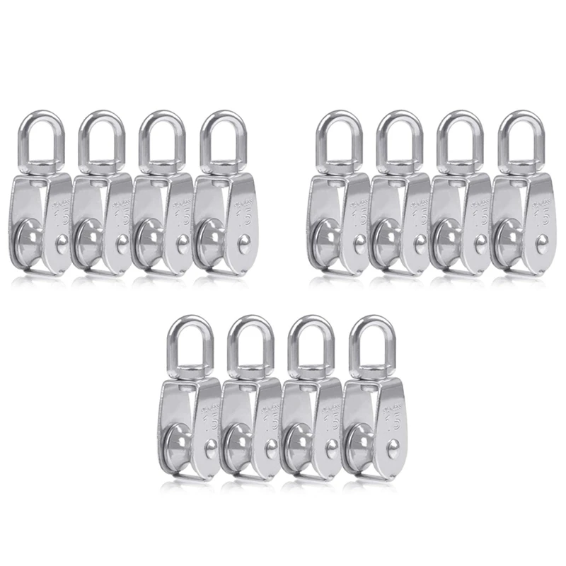 12PCS Single Pulley Block M15 Stainless Steel Small Pulley Roller For Rope Cord In Outdoor 360°Swivel Silver Pulley