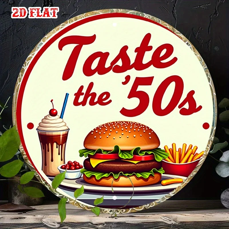 2D Flat, 1pc Vintage 50s Diner Food Metal Sign - Round Wall Art with Burger, Milkshake & Fries Design, 7.8x7.8 Inch Aluminum D