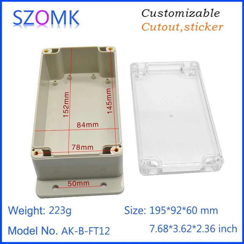 195*90*60mm Abs Pcb Enclosure Custom Grey Network Plastic Control Box Wall Mount Clear Lid Junction Box Ip65