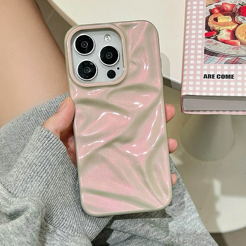 حافظة هاتف ملونة أرجوانية وردية لامعة متجعدة لهاتف آيفون 16 15 14 Plus 13 12 Pro Max 11 غطاء خلفي ناعم مقاوم للصدمات