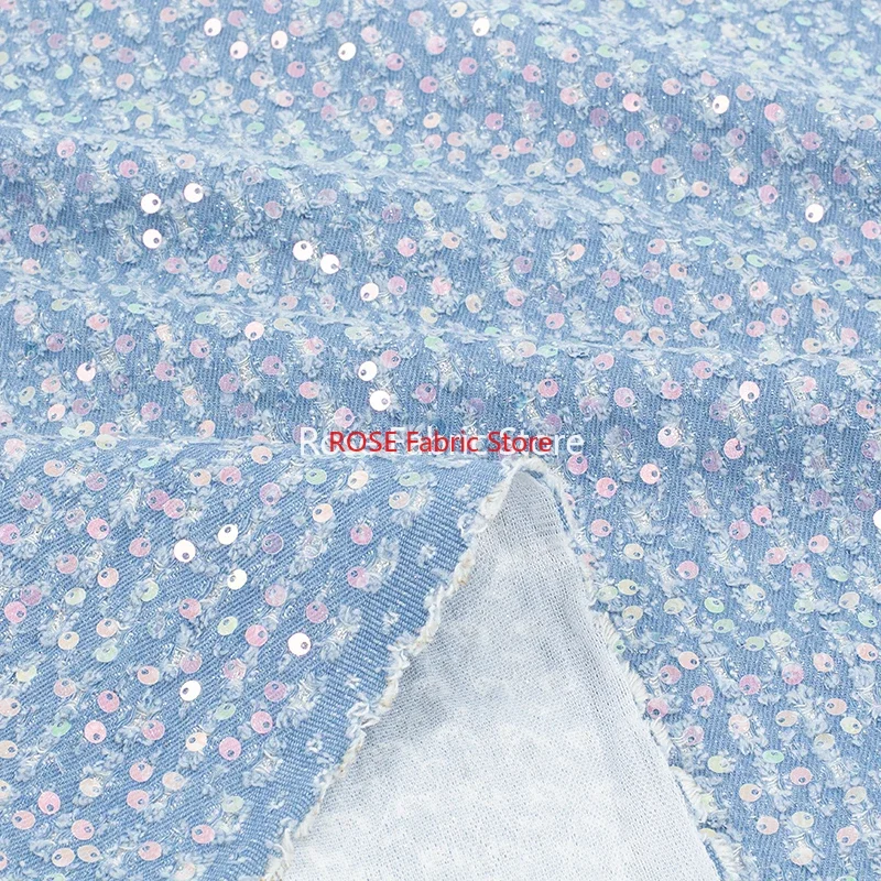 1 Meter Light Blue Jeans Fabric With Shiny Sequin Beadings After Washed Denim Telas With Broken Holes Fashion Sewing Materials