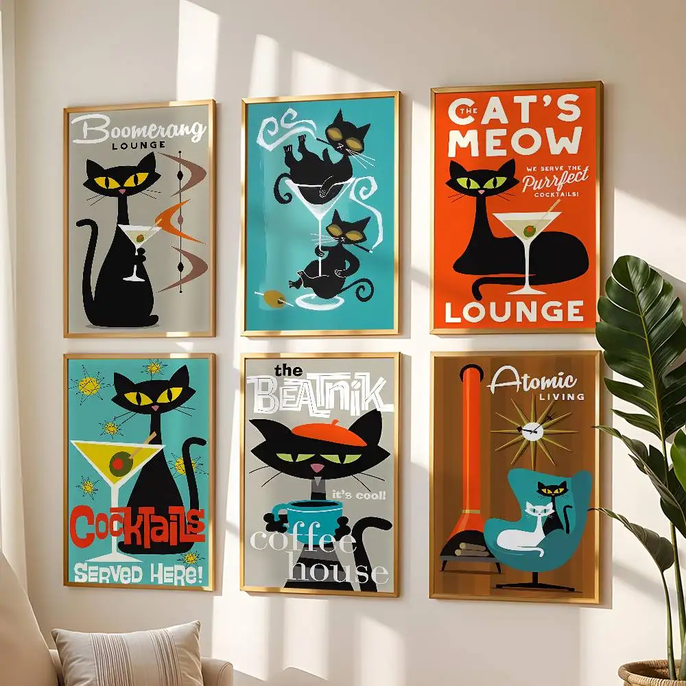 Mid Century Black Cat Poster High Quality Print Waterproof Wall Art Sticker For Bar Living Room Decor Gift