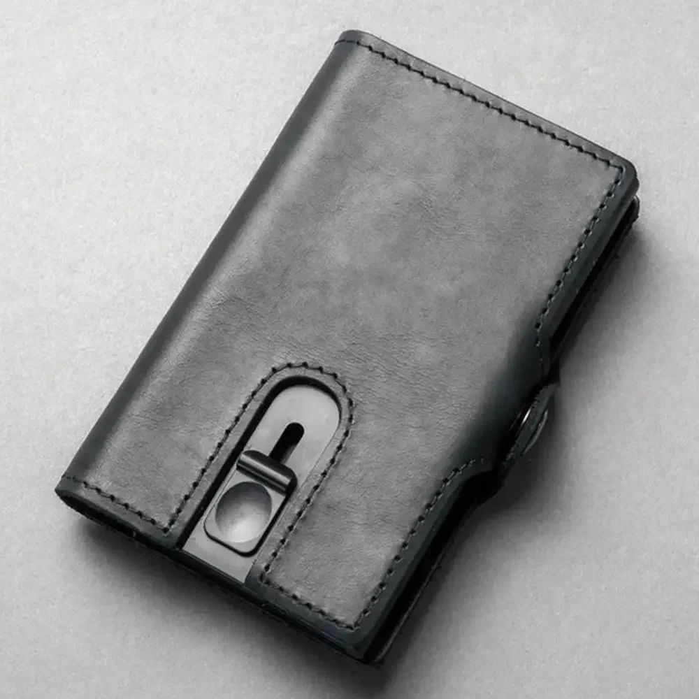 Auto Push Card Bag Mini Wallet Anti Magnetic Card Bag Genuine Leather Leather Wallet Men's Card Clip Three in One Wallet