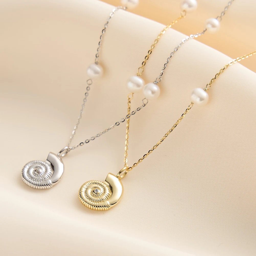 

KISS MANDY Elegant Natural Pearls & Shell Pendant Chains Necklaces 925 Sterling Silver Fashion Summer Pendnat Collares GPN84