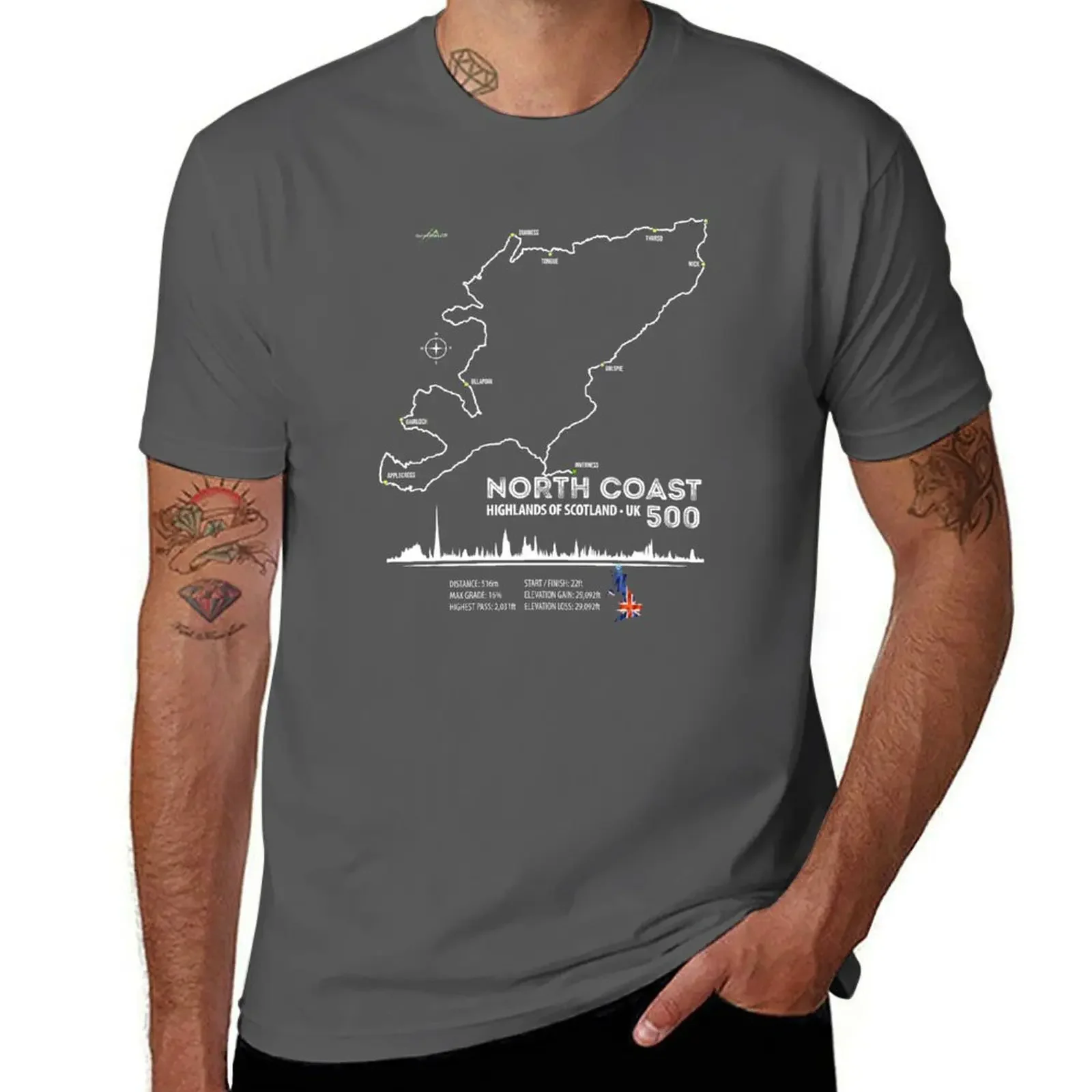 Trip Motorcycle Sports Car Trail Map Art Print T-Shirt North Coast Scotland NC 500 Road Oversized Summer Funny