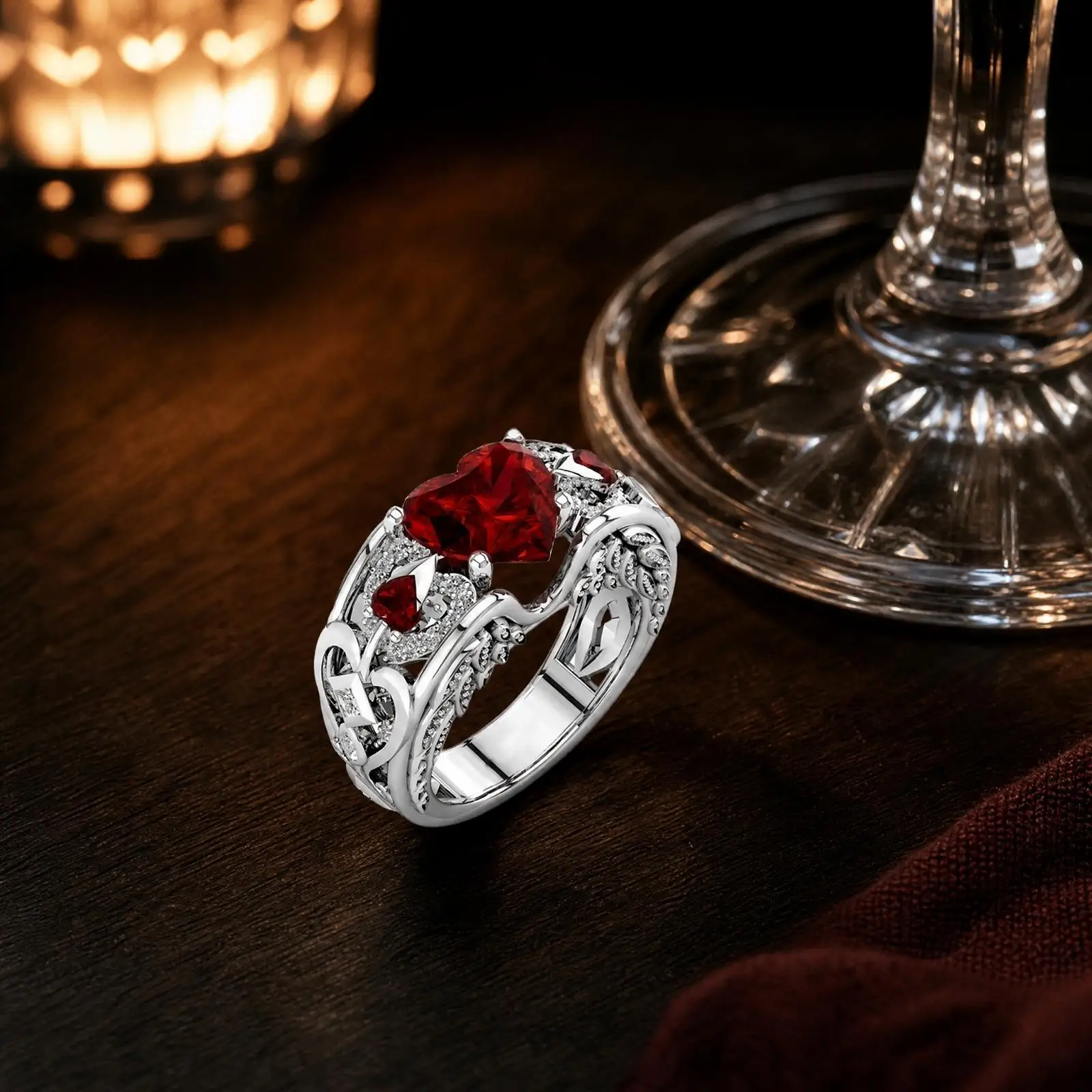 Faceted Crystal Heart Ring Vintage Style Engagement Promise Band for Her