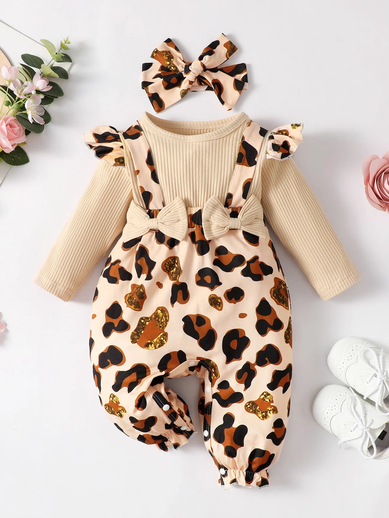 Baby Girl Leopard Print Ruffle Trim Bow Front Jumpsuit & Headband