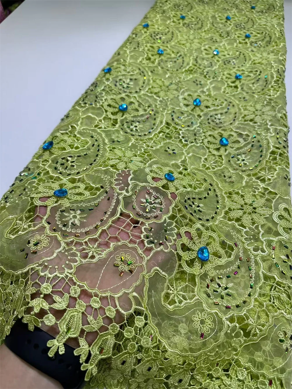 Luxury African Lace Fabric 2025 High Quality Cotton Embroidery Rhinestone Linen Prom Dresses Nigerian Tulle Design 5 Yard Hm74-1