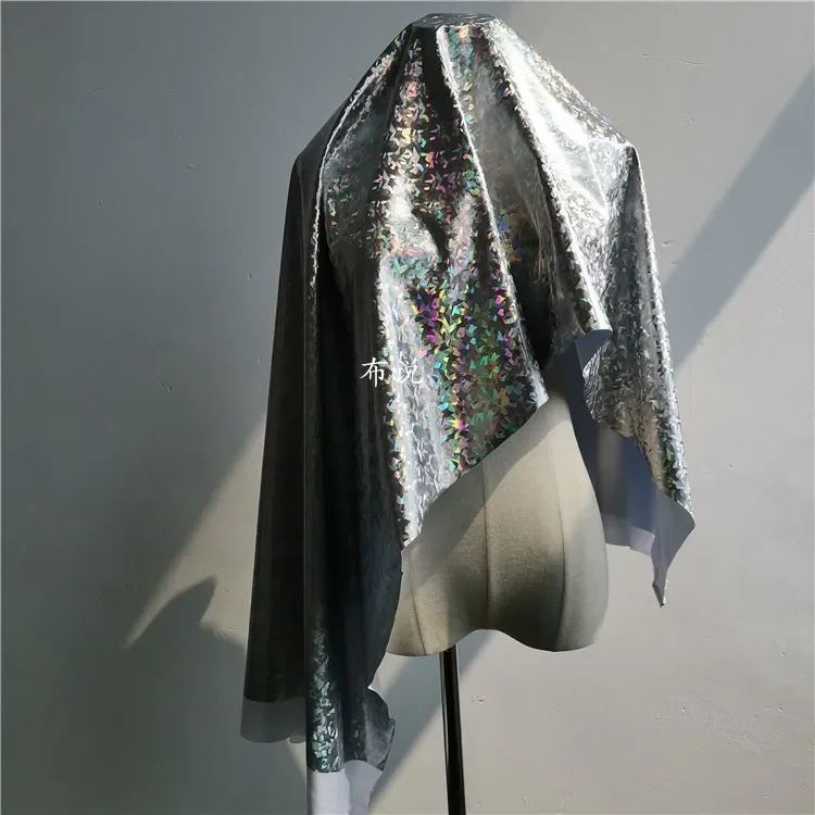 Silver Laser Illusion Leather Fabric Garment Design Geometric Pattern Fish Scale Glossy Rainbow Stretch Leather Fabrics