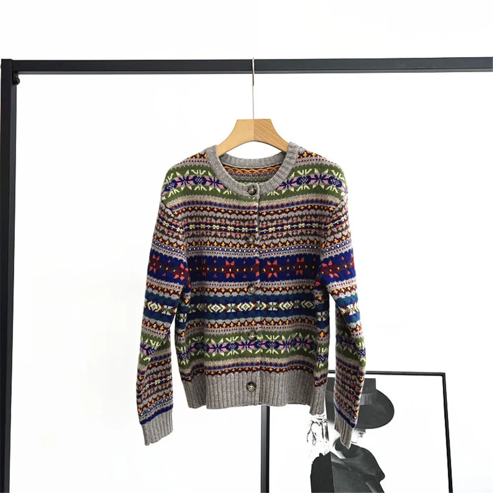

25. осенне-зимний женский кардиган в стиле ретро с круглым вырезом и длинными рукавами на пуговицах, шерстяной вязаный свитер с цветными блоками