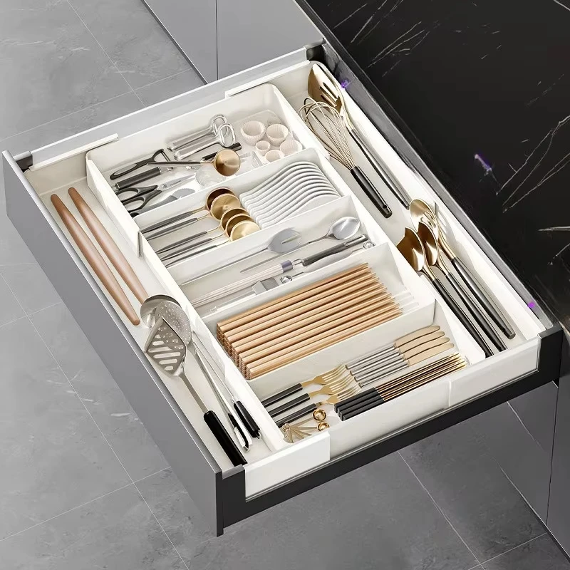 

1pc Kitchen Drawer Retractable Storage Box Large-capacity Partitioning Storage Tray Home Tableware Knife Spoon Organizing Box