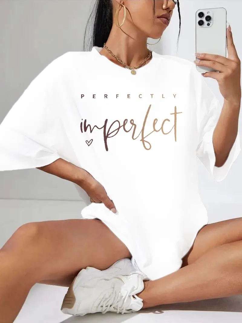 

Plus Size Inspirational Perfectly Imperfect Slogan Tee For Graceful Self Expression