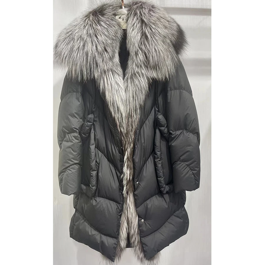 

MENINA BONITA 2023 X-Long New Winter Women Down Jacket 90% White Goose Down Inner Liner Real Natural Fox Fur Collar Streetwear