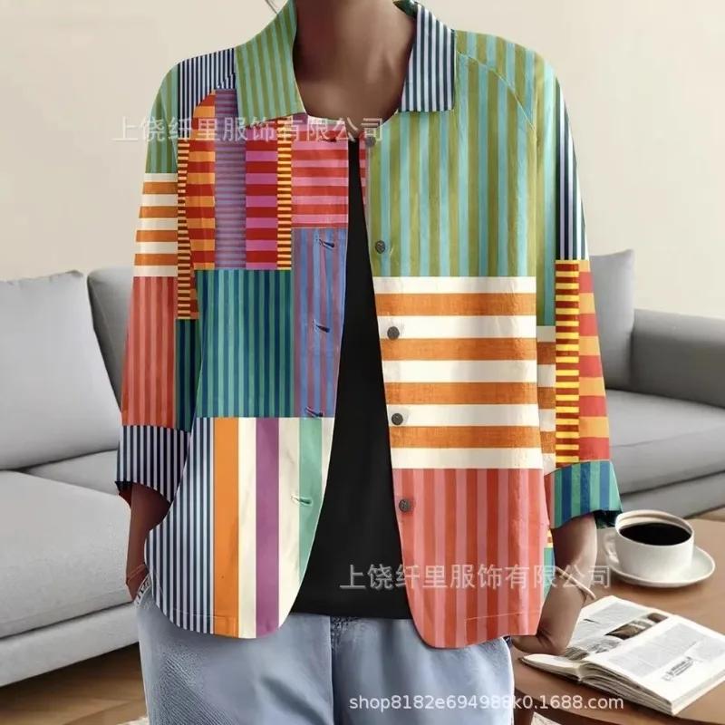 Neutral Shirt Pattern Geometric Stripes Fashion Tropical Daily Autumn Jacket Top Daily Button Print 2026 Series