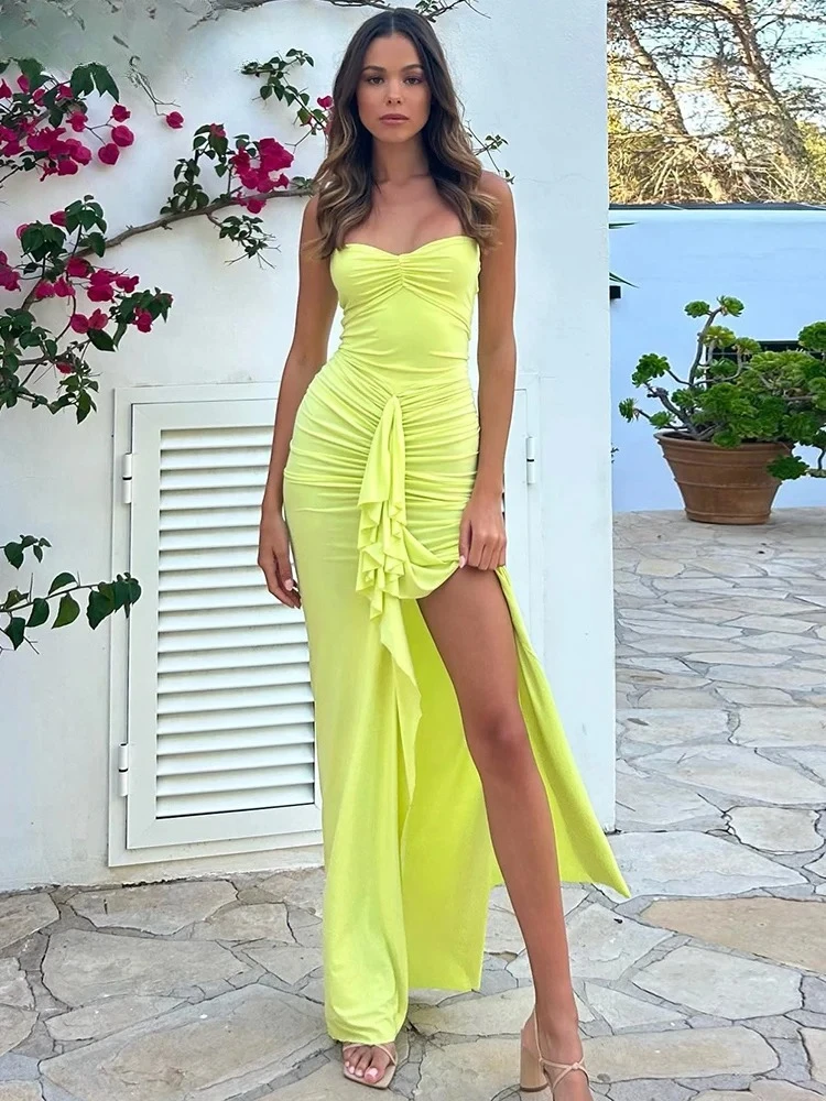 Robe à volants et franges pour femmes, col licou, dos nu, fendue, froncée, hanche pêche, moulante, pour soirée de mariage