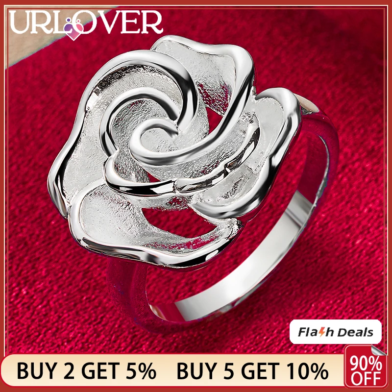 

URLOVER 925 Sterling Silver Ring For Woman Roses Flower Rings Lady Party Wedding Fashion Fine Jewelry Christmas Valentines Gifts