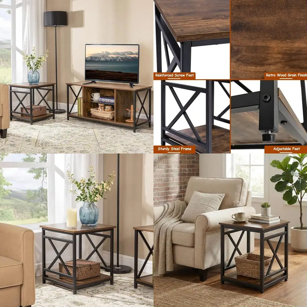 

Rustic Brown 2-Tier Metal Frame End Table with 18 Square Top for Living and Bedroom Use