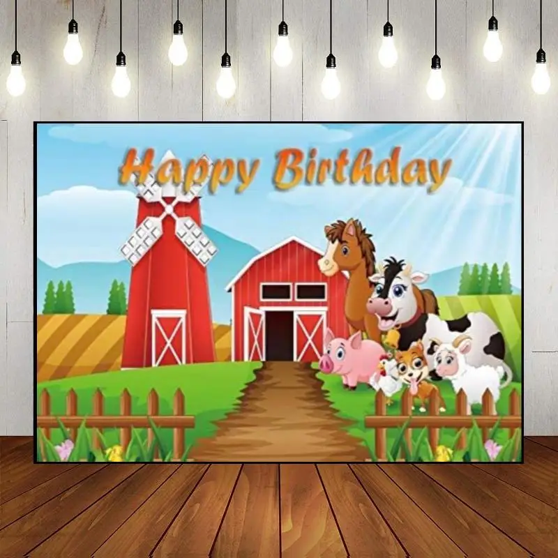 Background Photography Custom Decoration Red Barn Cartoon Photo Party Backdrop Wall Haystack Door Farm Animals Theme Farmhouse