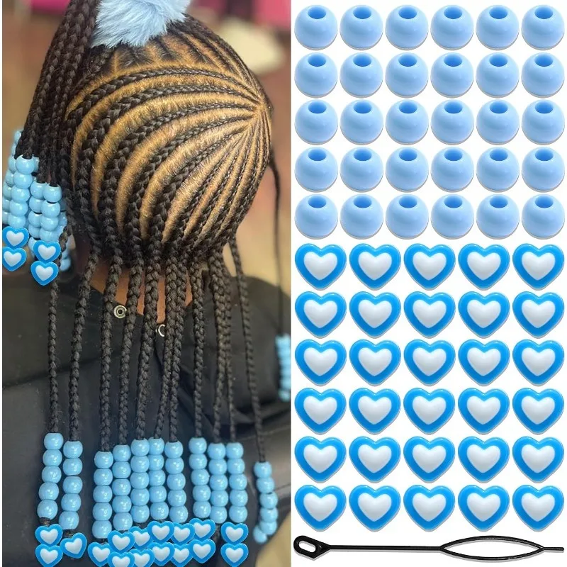 60Pcs Acrylic Heart Hair Beads for Braids, Two-Color Love Round Beads with Crochet Tool, Pony Loc Beads for Kids Girls Hairstyle