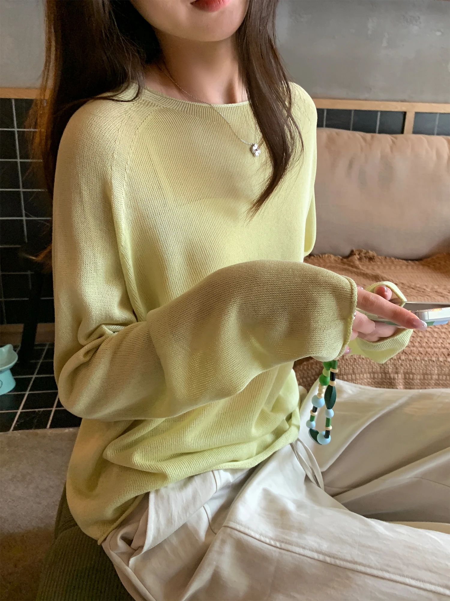 

Ayi Seamless One-Piece Paper Silk Lightweight Lazy Long Sleeve Knitted Shirt Women Summer Loose Semi-Transparent Cover-Up