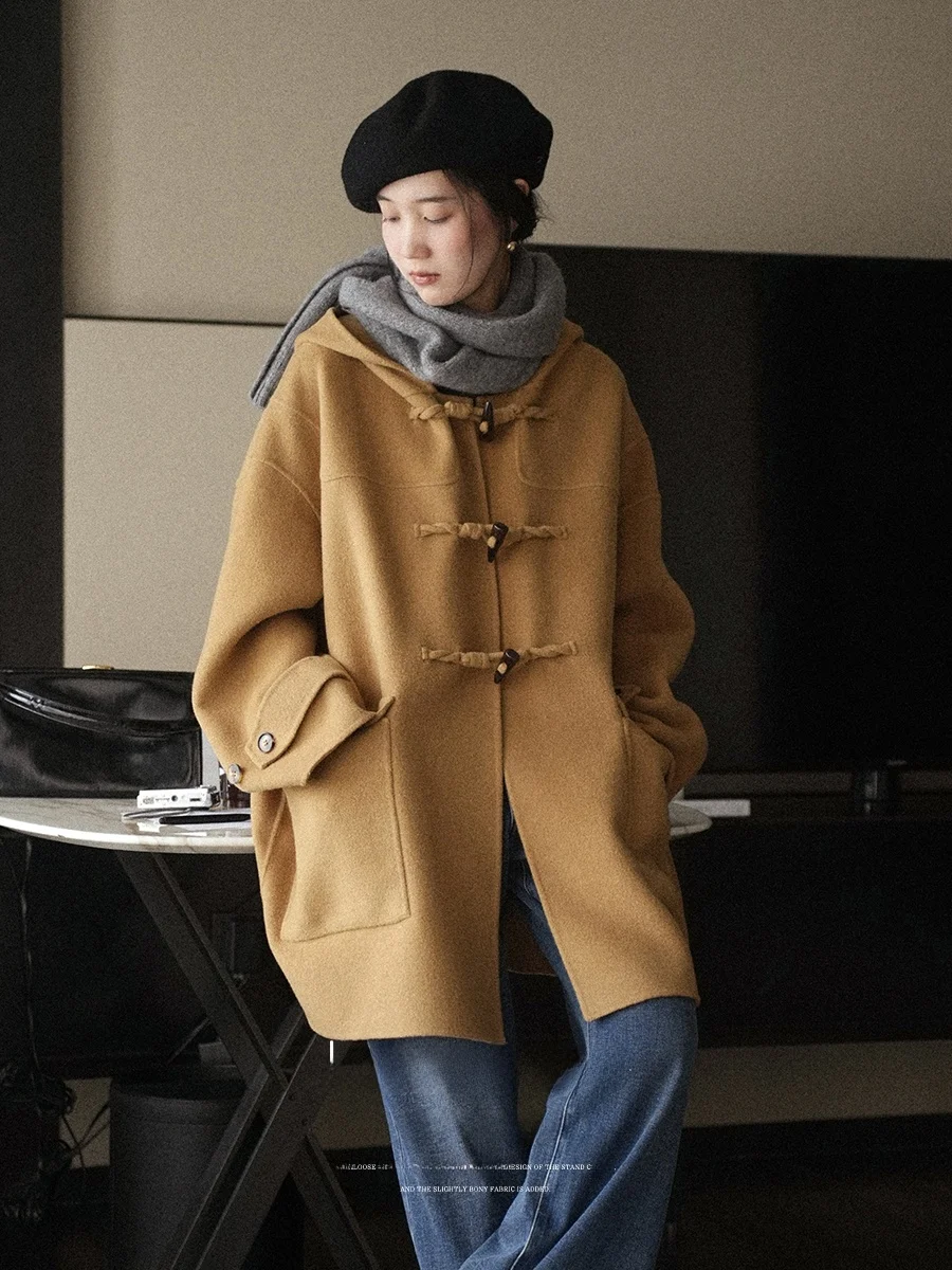 

Шерстяное двубортное пальто с капюшоном Lalaglow для женщин, зимняя верхняя одежда, удобный крой, удлиненное, утепленное, производство Китай