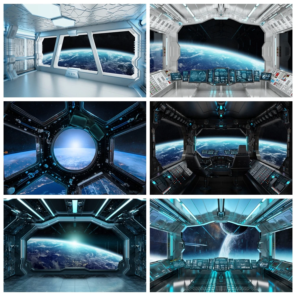 Spaceship Interior Backdrop Universe Space Spacecraft Window Planet Earth Exploration Science Photography Background Photo Props